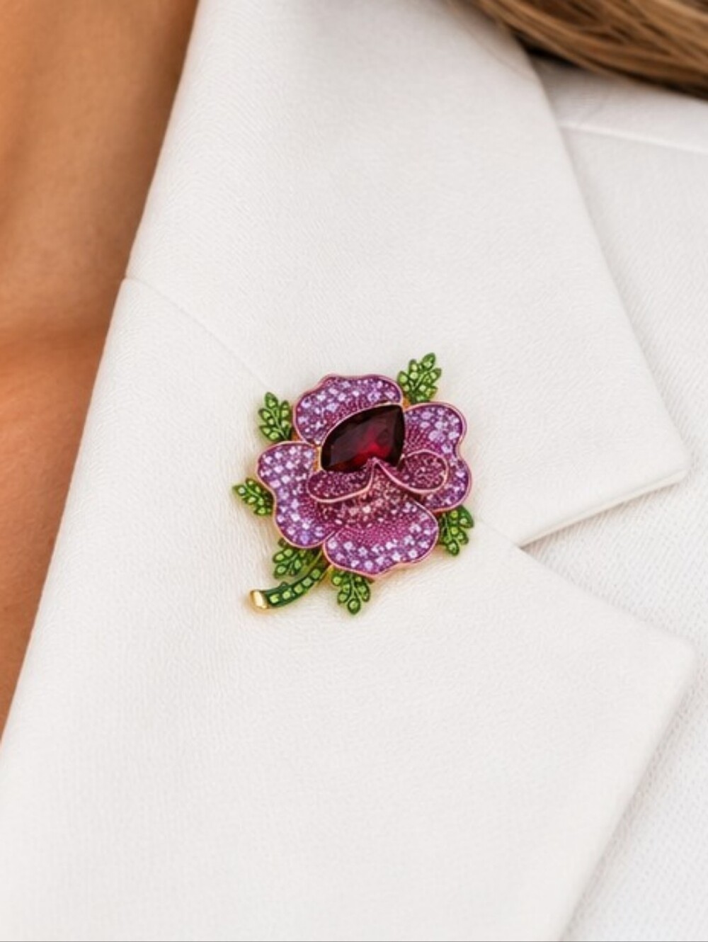 💎 Pink Purple Rhinestone Flower Brooch Pin Green Enamel Leaf Statement NWOT